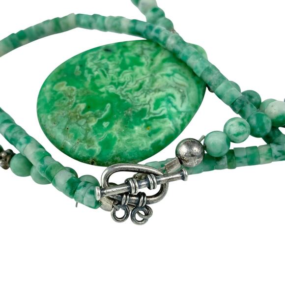 Two Strand Chrysoprase Beaded Necklace | Vintage Sterling Silver 925 | 16" - Picture 9 of 10